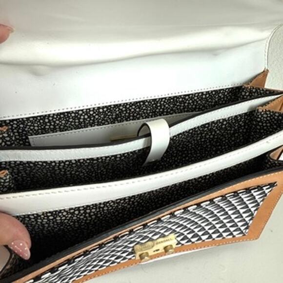 LOEFFLER RANDALL Woven Leather Crossbody Satchel Black White Tan Designer - Picture 8 of 12
